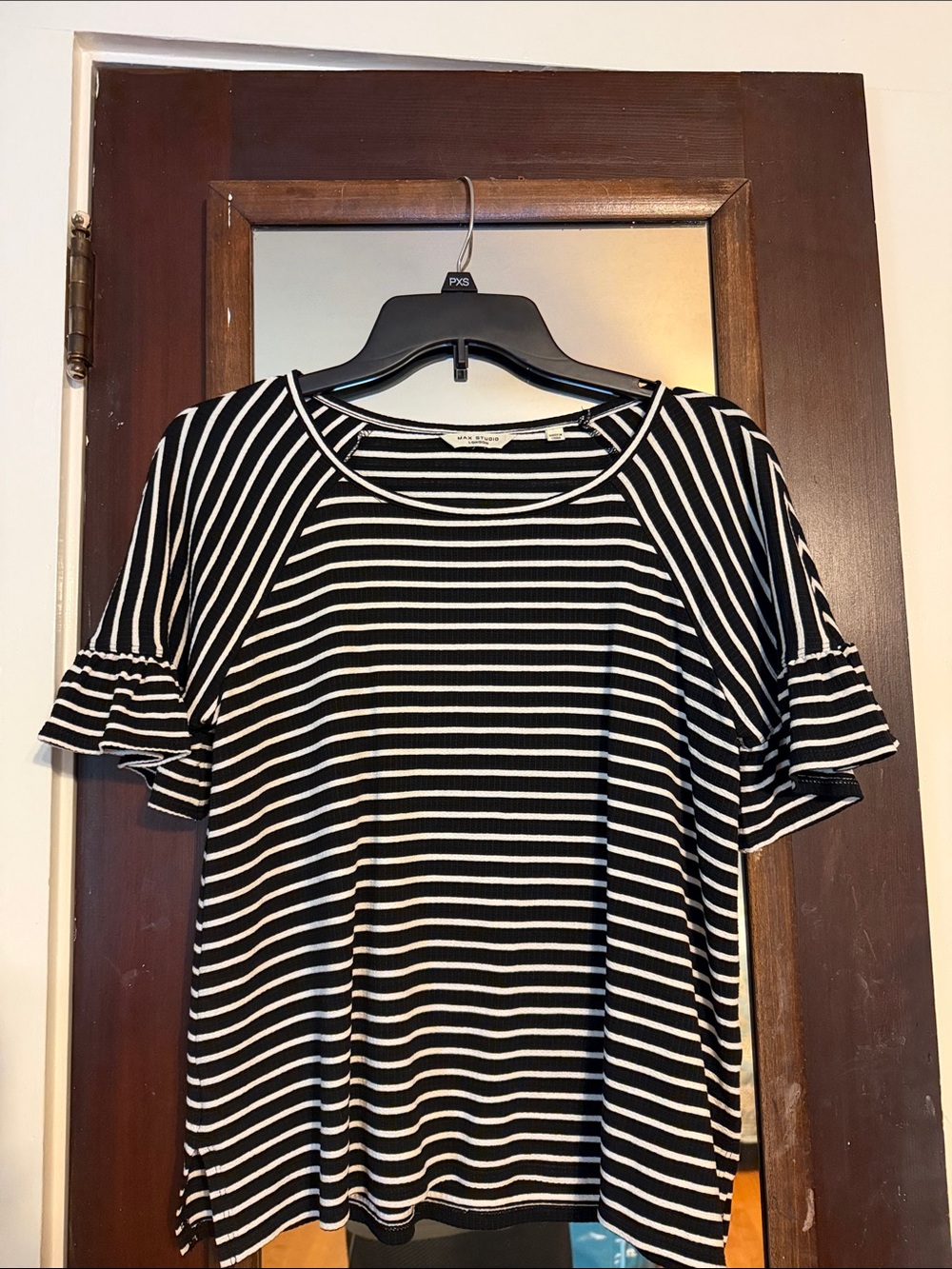 Max Studio Black and White Striped Ruffle-Sleeve Tee